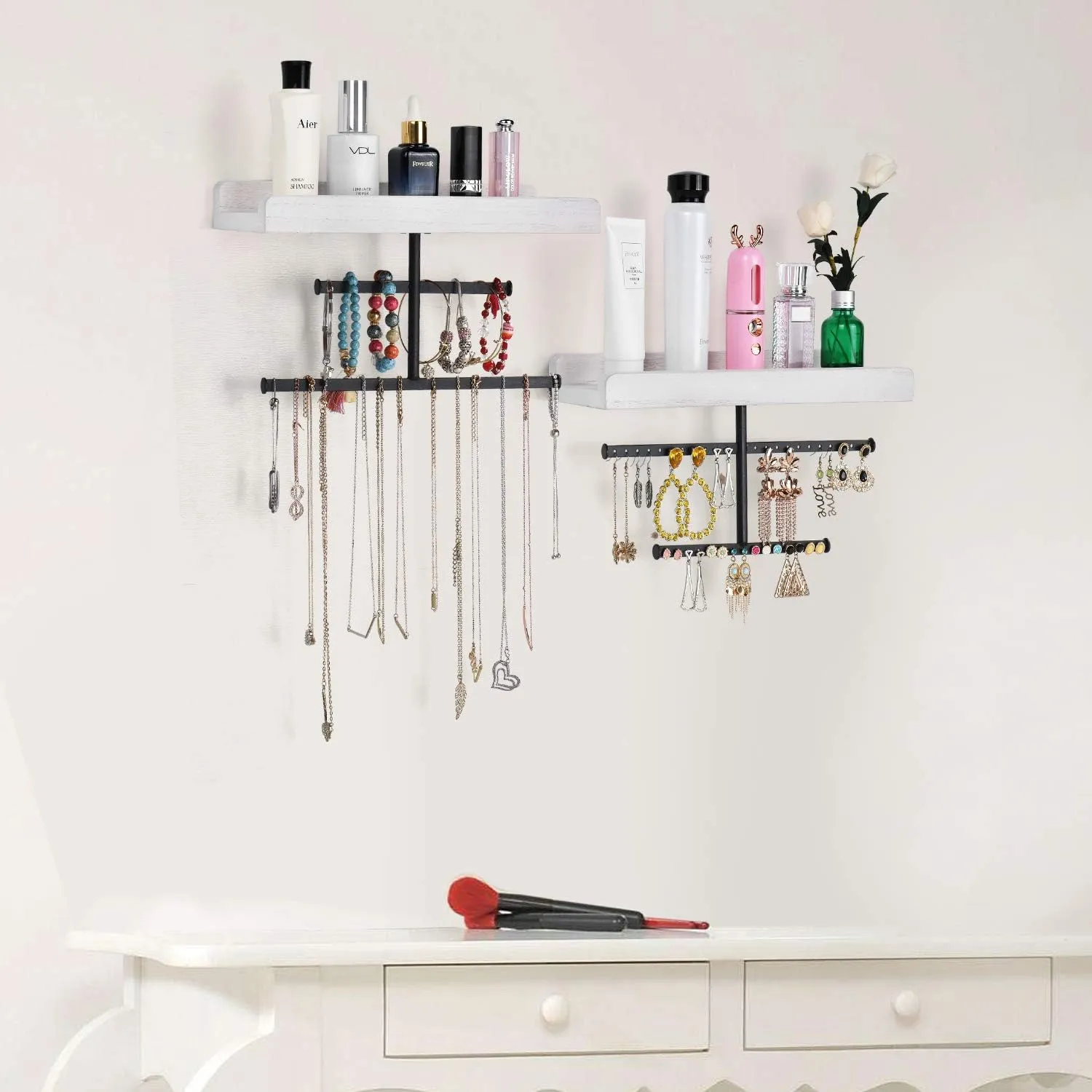 Keebofly Hanging Wall Mounted Jewelry Organizer with Rustic Wood Jewelry Holder Display for Necklaces Bracelet Earrings Ring Set of 2 White,[Patented]