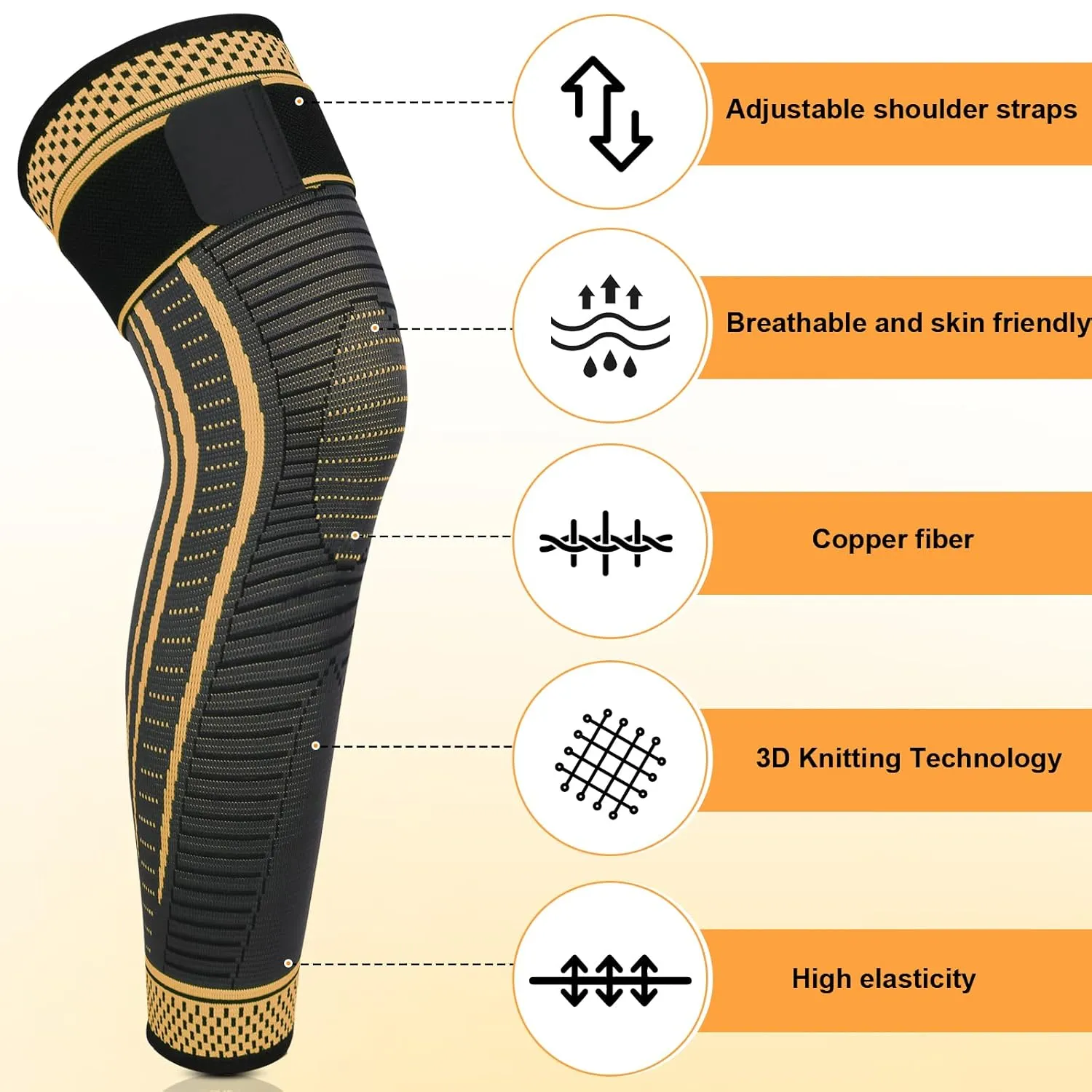 Long Copper Knee Braces for Women and Men Full Leg Compression Sleeves Anti Sliping Ventilation Long Knee Support with Wraps for ACJ, PCL, Meniscus Tear, Arthritis (Copper, XX-Large)