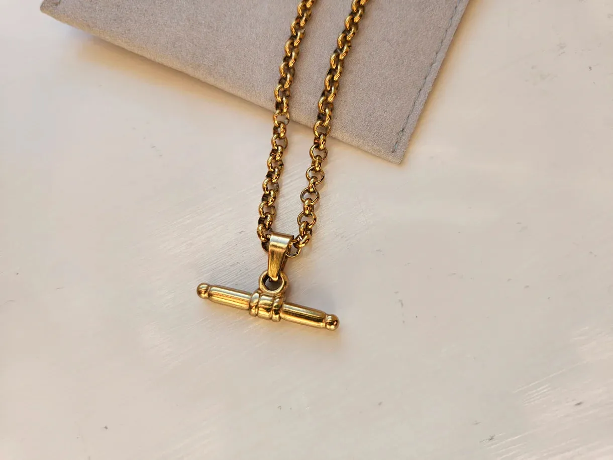Long Vintage Style T Bar Gold Necklace
