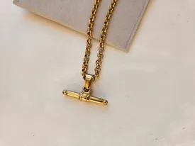 Long Vintage Style T Bar Gold Necklace