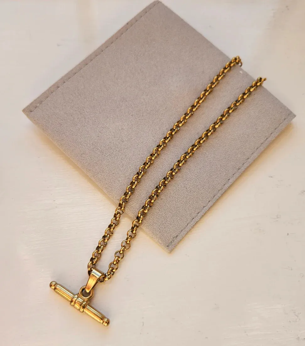 Long Vintage Style T Bar Gold Necklace