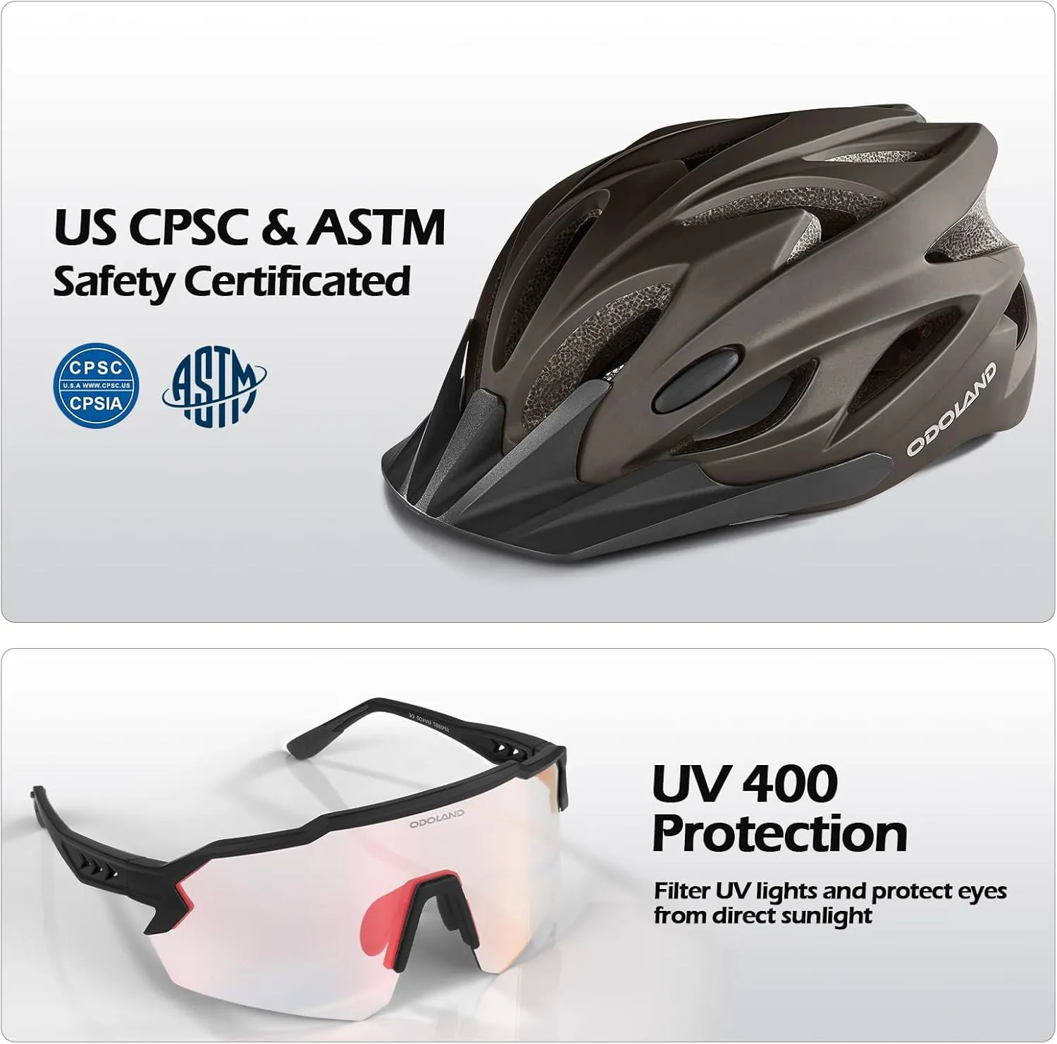 Odoland Bike Helmet Cycling Sunglasses Set for Adult, Adjustable Lightweight Cycling Bicycle Helmet for Mountain Road Bike Men Women
