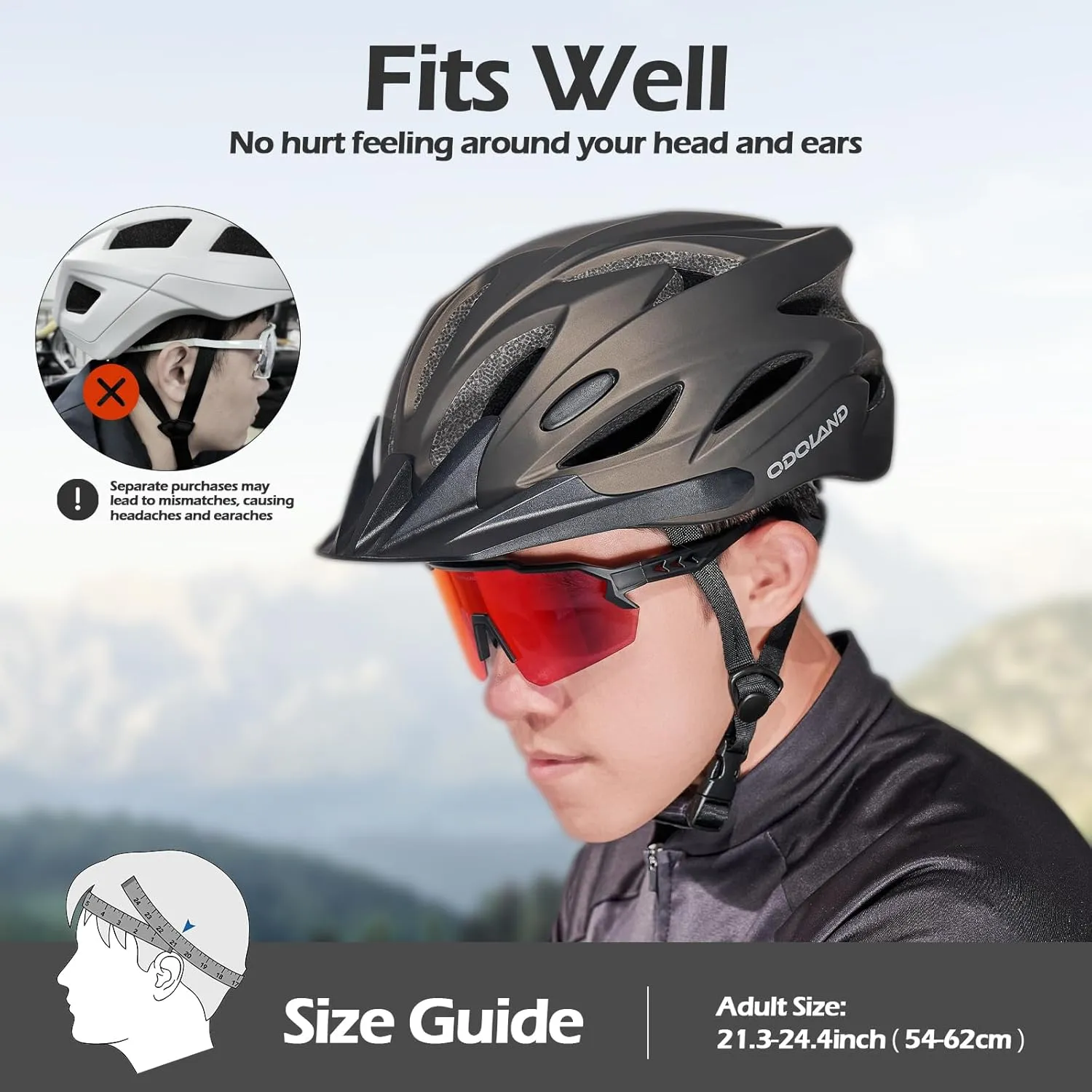 Odoland Bike Helmet Cycling Sunglasses Set for Adult, Adjustable Lightweight Cycling Bicycle Helmet for Mountain Road Bike Men Women