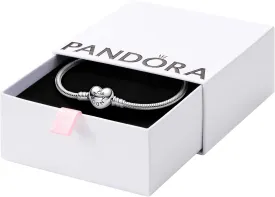 Pandora Moments Heart Clasp Snake Chain Bracelet - Compatible Moments Charms - Gift for Her - Sterling Silver - With Gift Box