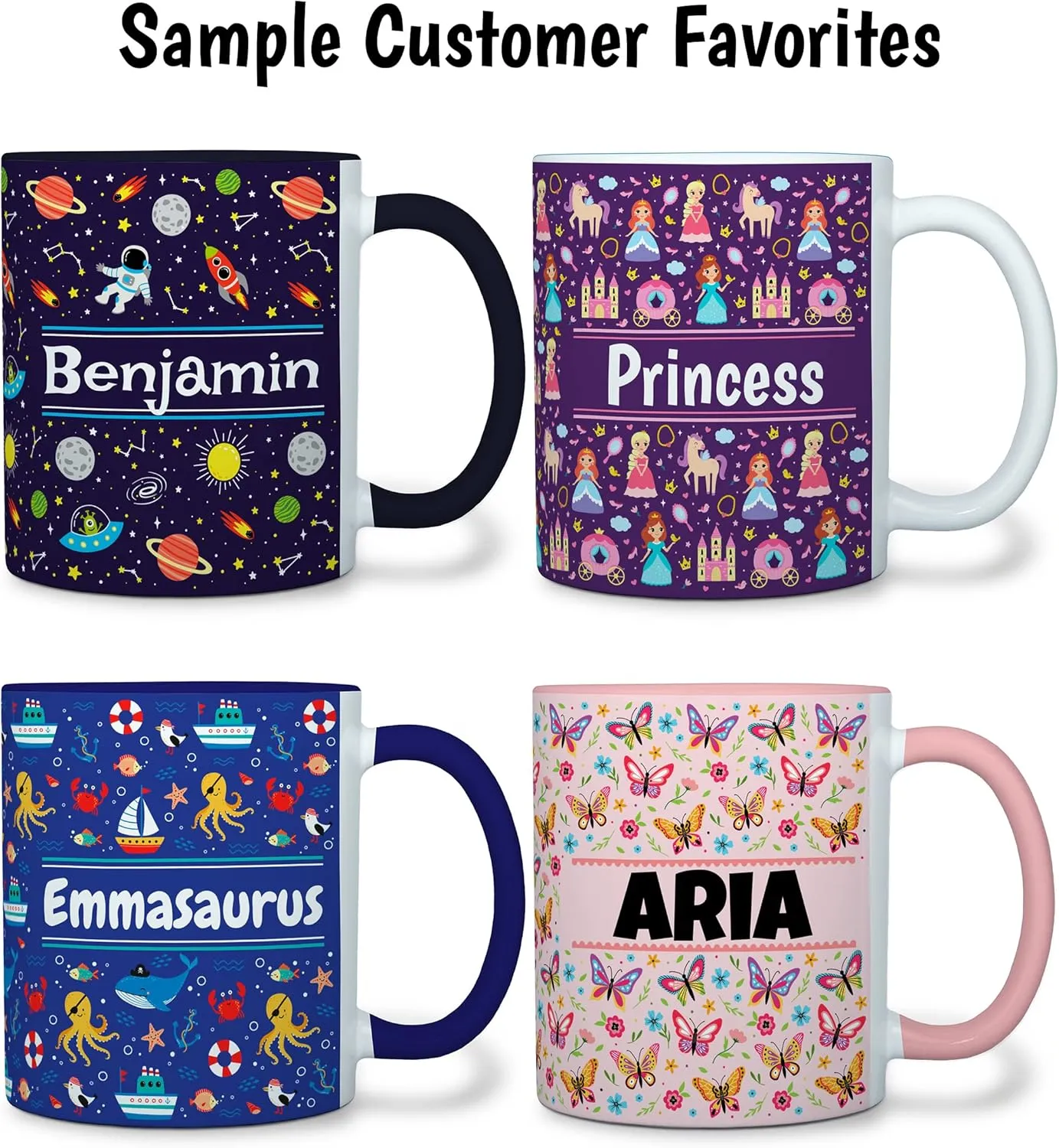 Personalized Mug for Kids - Sweets - Custom Name/Text, Ceramic Hot Chocolate/Cocoa/Coffee Cup for Boys/Girls, Birthday/Christmas/Holiday Gift - 11 oz, Pink Handle