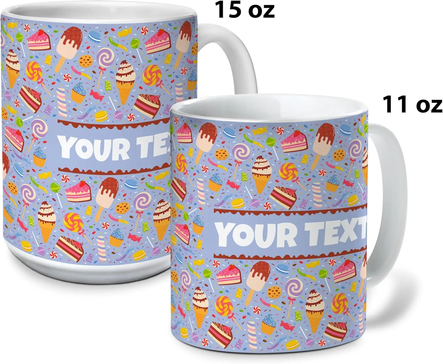 Personalized Mug for Kids - Sweets - Custom Name/Text, Ceramic Hot Chocolate/Cocoa/Coffee Cup for Boys/Girls, Birthday/Christmas/Holiday Gift - 11 oz, Pink Handle