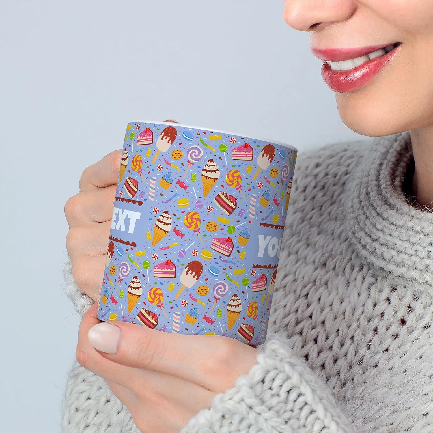 Personalized Mug for Kids - Sweets - Custom Name/Text, Ceramic Hot Chocolate/Cocoa/Coffee Cup for Boys/Girls, Birthday/Christmas/Holiday Gift - 11 oz, Pink Handle