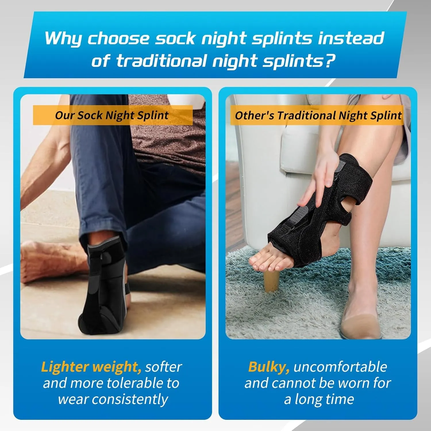 Plantar Fasciitis Night Splint Sock with Massage Ball for Plantar Fasciitis Relief, Soft & Comfortable Foot Brace for Achilles Tendonitis Heal Spur Foot-drop Flat-arch for Women and Men, Large-Black