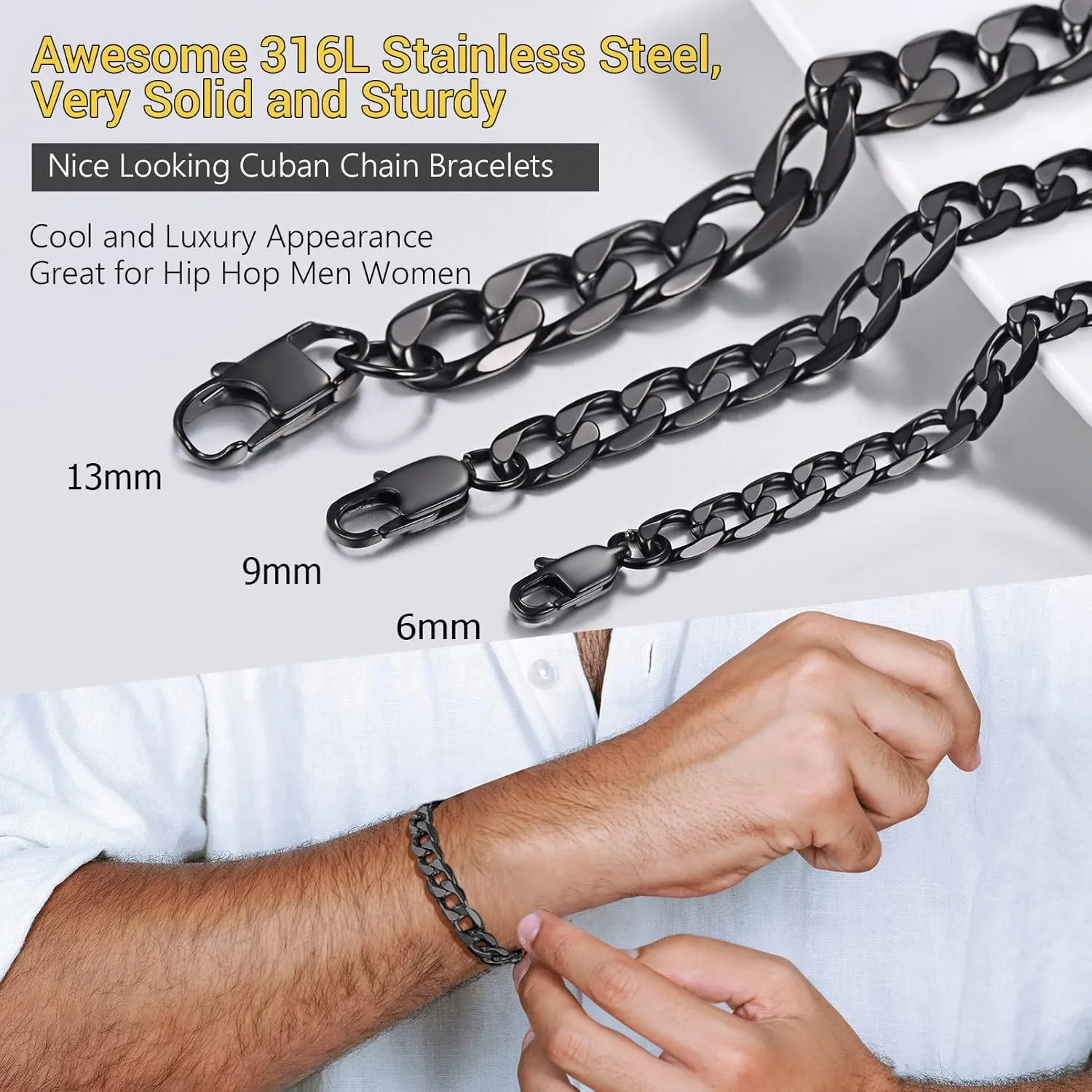 PROSTEEL Mens Cuban Link Bracelet, Black/18K Gold 316L Stainless Steel Cuban Chain Bracelet Hip Hop Jewelry, W: 6mm/9mm/13mm, L: 7.5"/8.3", Come with Box