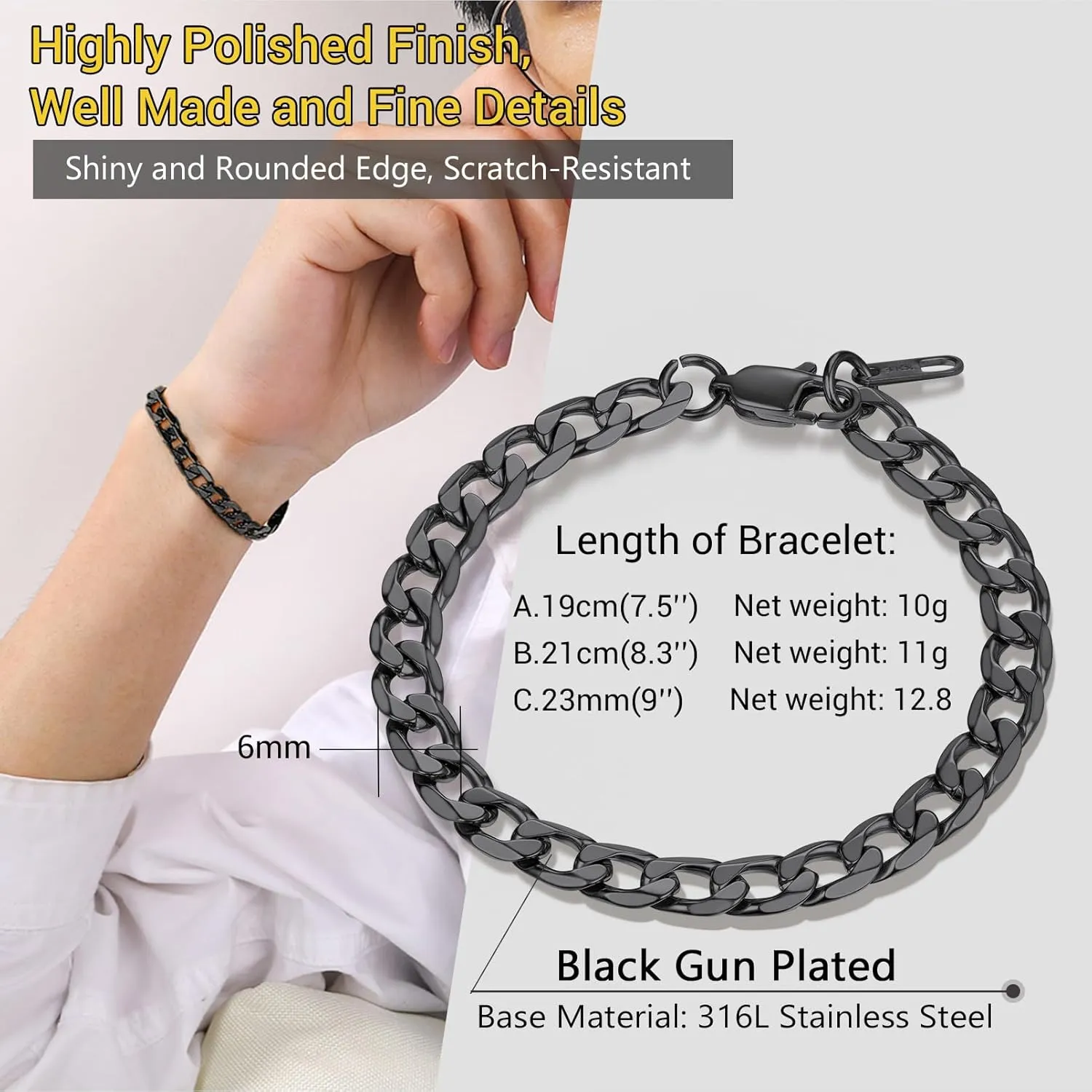 PROSTEEL Mens Cuban Link Bracelet, Black/18K Gold 316L Stainless Steel Cuban Chain Bracelet Hip Hop Jewelry, W: 6mm/9mm/13mm, L: 7.5"/8.3", Come with Box