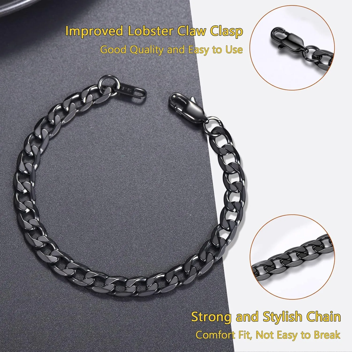 PROSTEEL Mens Cuban Link Bracelet, Black/18K Gold 316L Stainless Steel Cuban Chain Bracelet Hip Hop Jewelry, W: 6mm/9mm/13mm, L: 7.5"/8.3", Come with Box