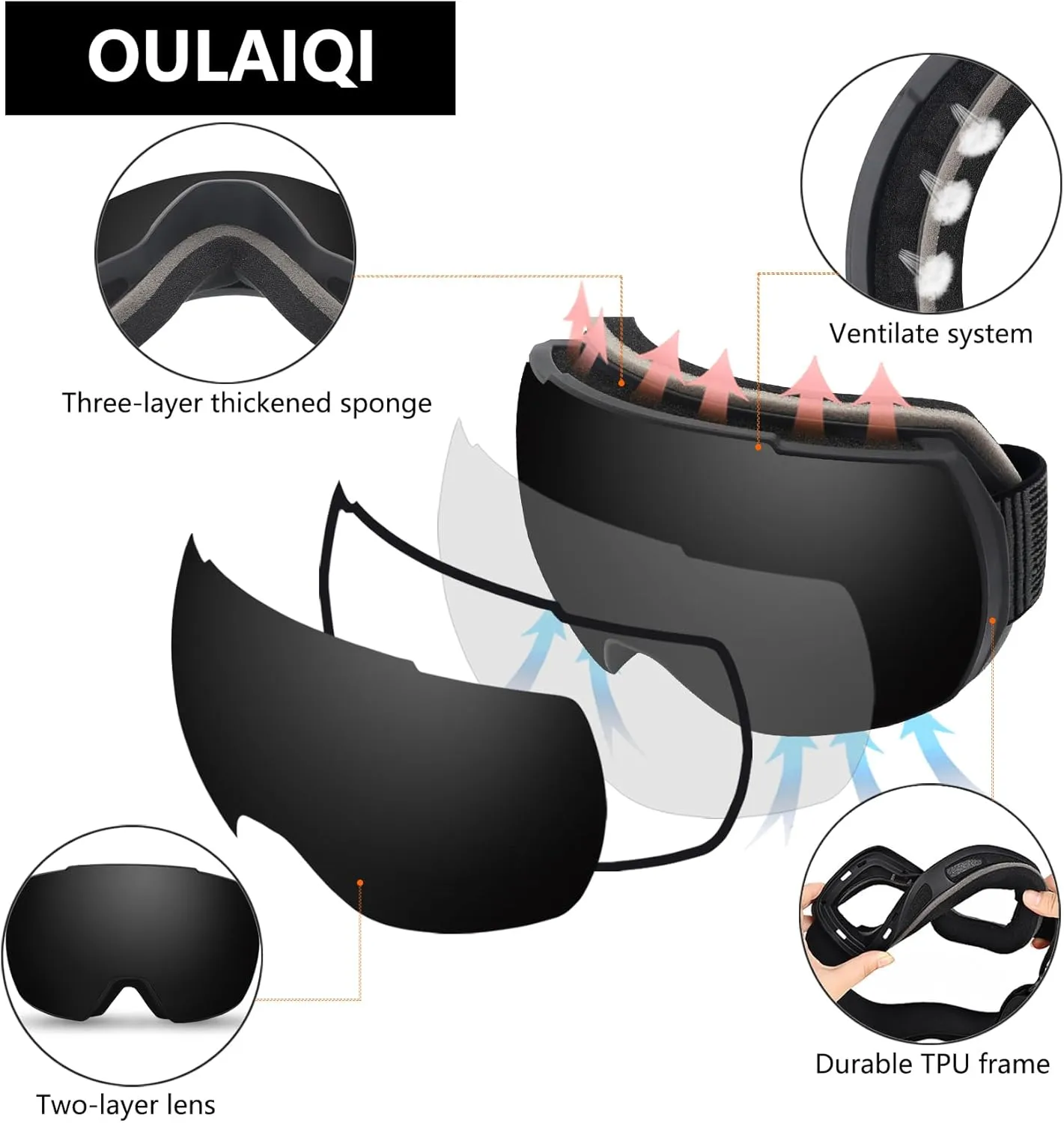 Ski Snow Goggles,OTG UV400 Protection,Anti Fog Skiing,Skating,Snowboarding,Snowboard Goggles For Men Women Youth