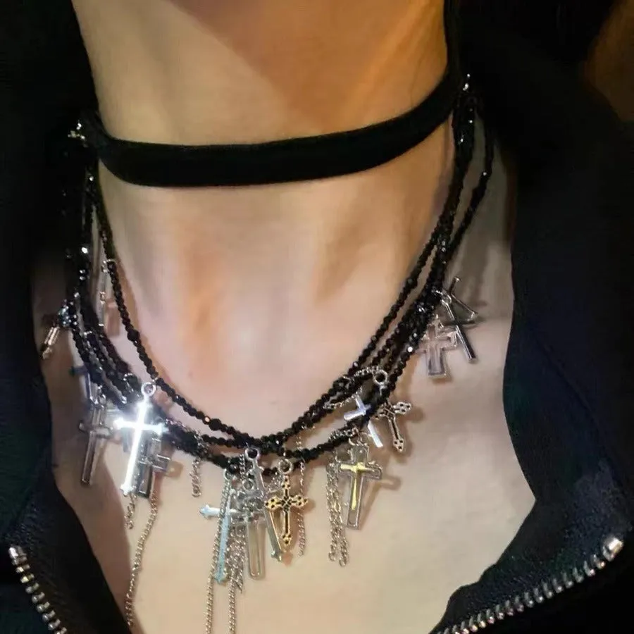Summer Dark Cross Versatile Tassel Choker Necklace
