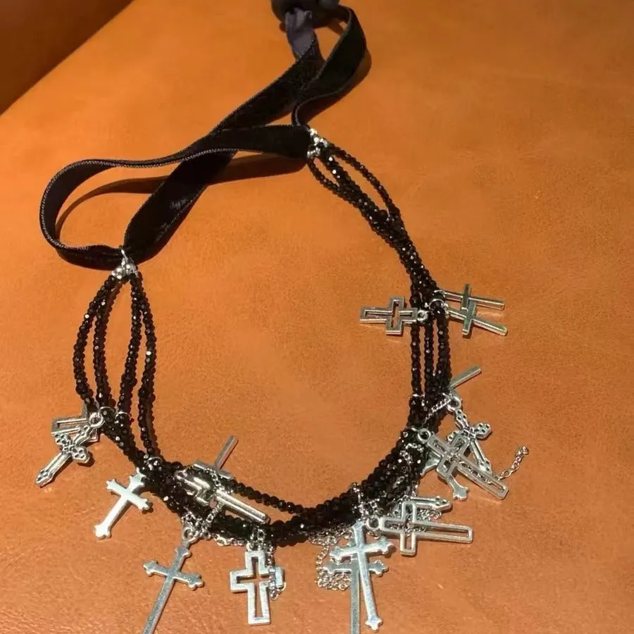 Summer Dark Cross Versatile Tassel Choker Necklace