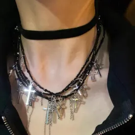 Summer Dark Cross Versatile Tassel Choker Necklace