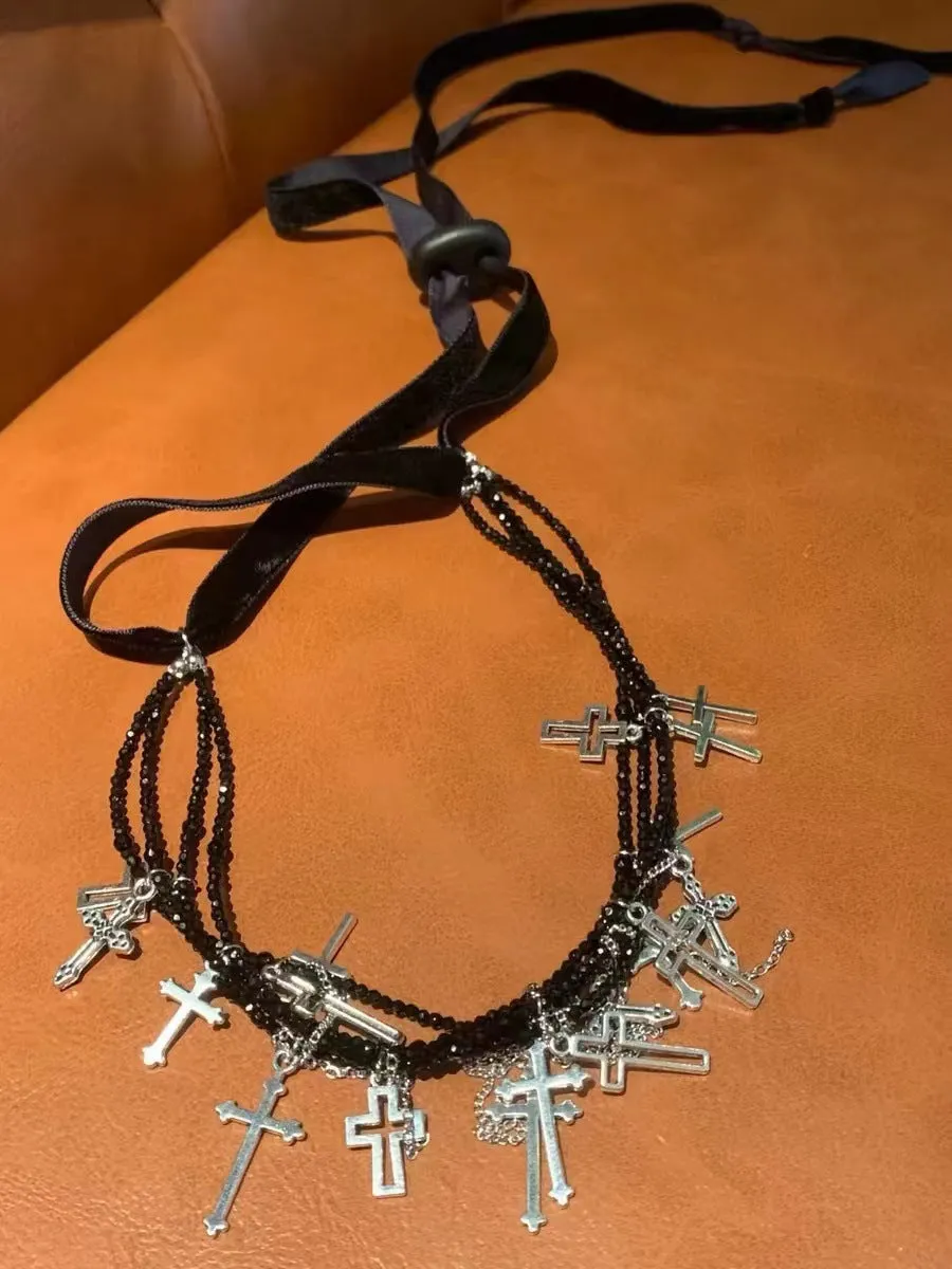 Summer Dark Cross Versatile Tassel Choker Necklace