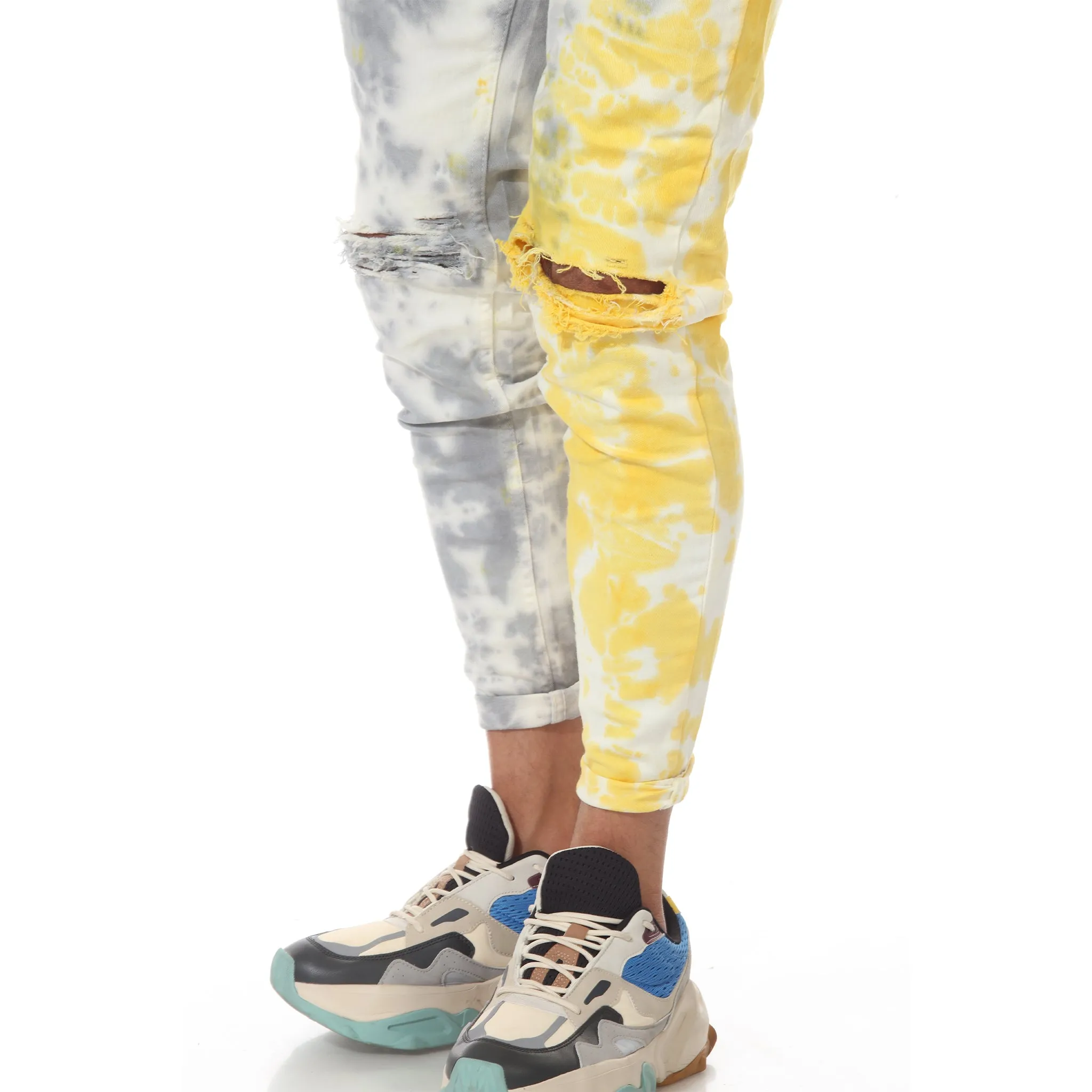 Tie Dye Wash Yellow fashion Jeans with Distress