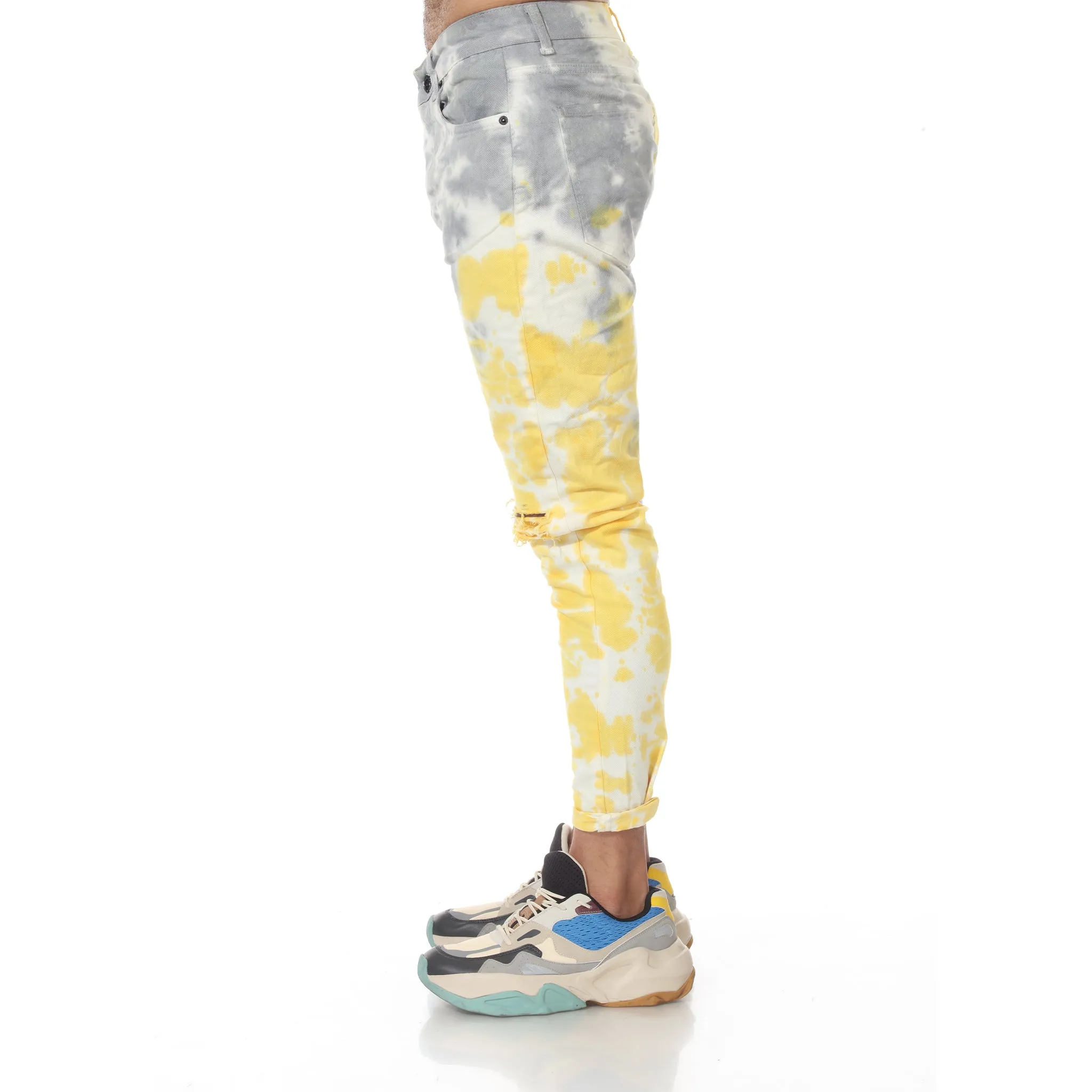 Tie Dye Wash Yellow fashion Jeans with Distress