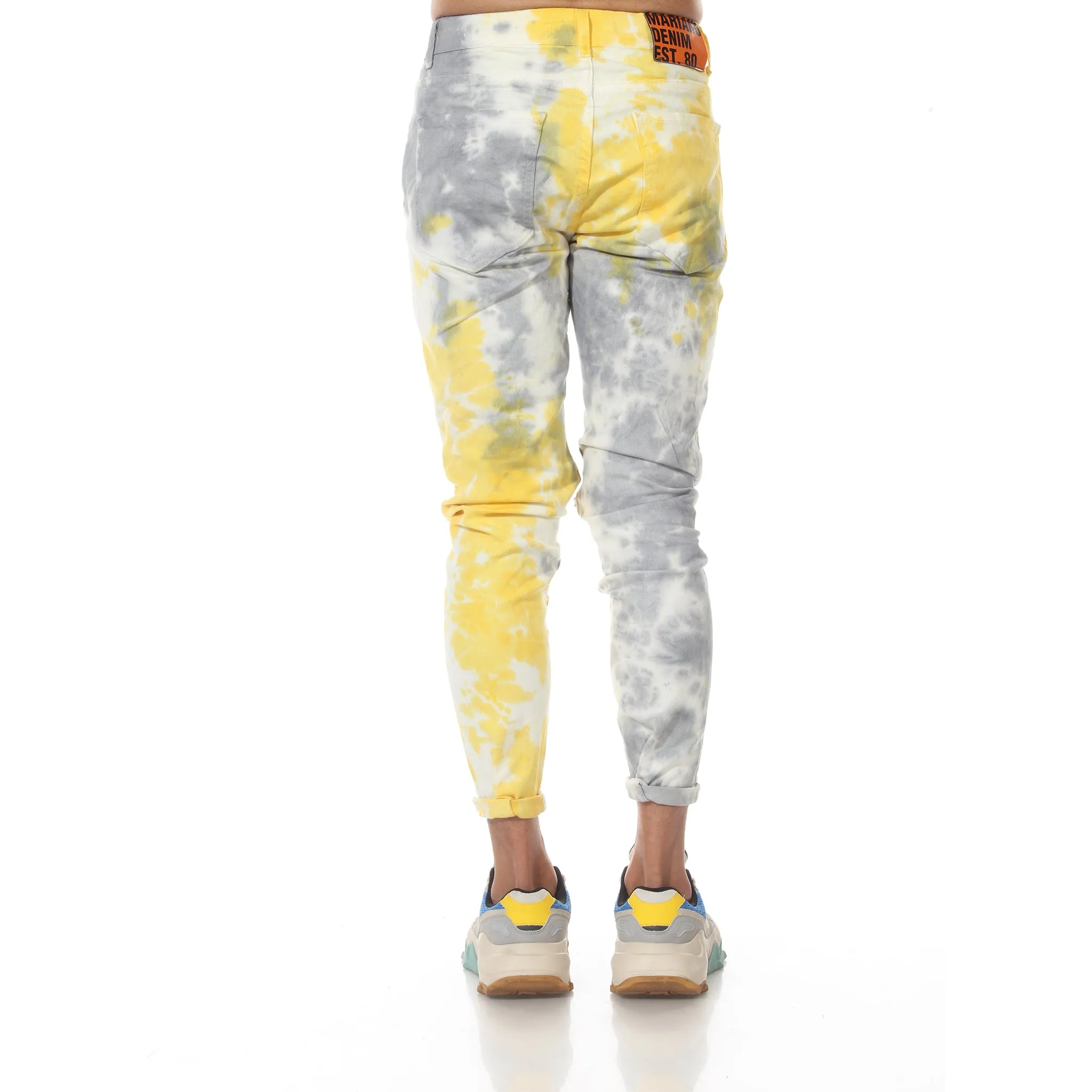 Tie Dye Wash Yellow fashion Jeans with Distress