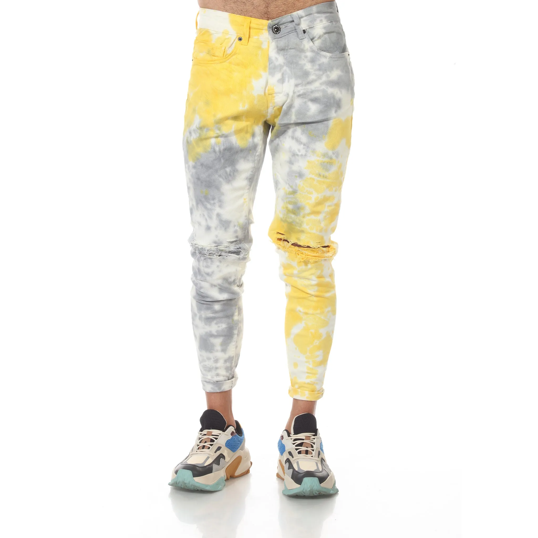 Tie Dye Wash Yellow fashion Jeans with Distress
