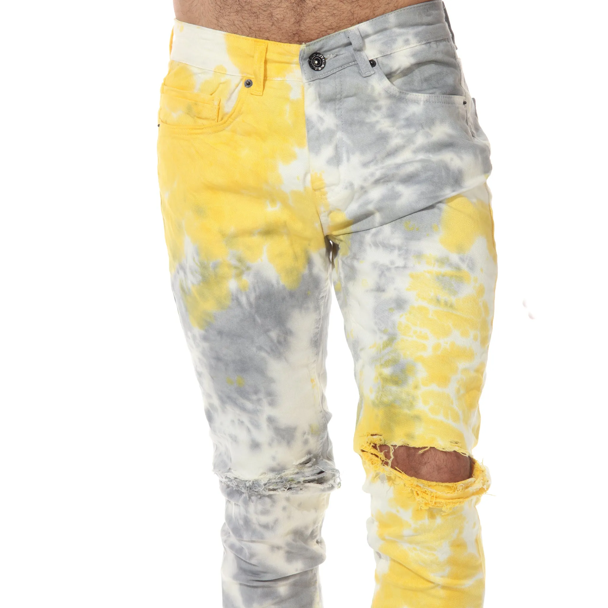 Tie Dye Wash Yellow fashion Jeans with Distress