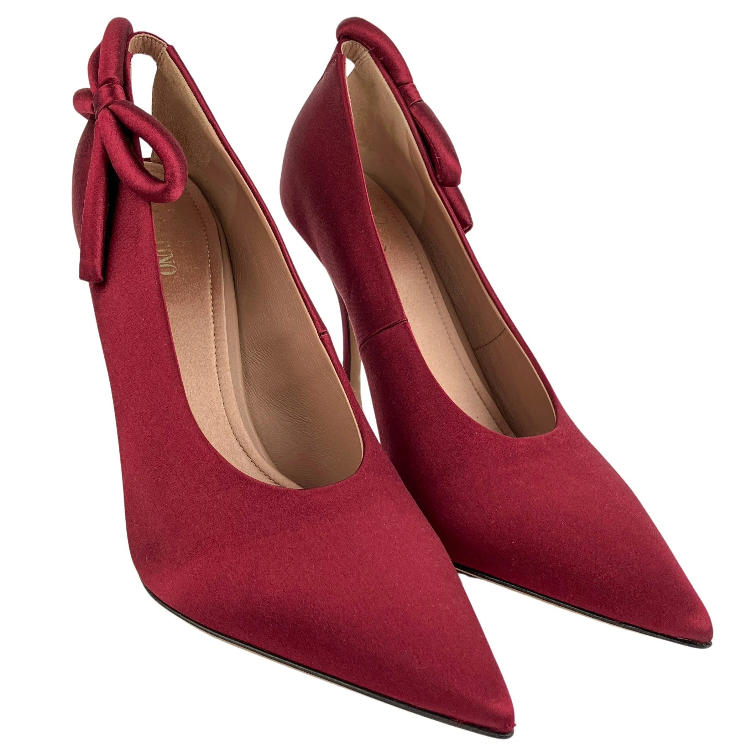 Valentino Satin Bow Pumps in Cordovan Red