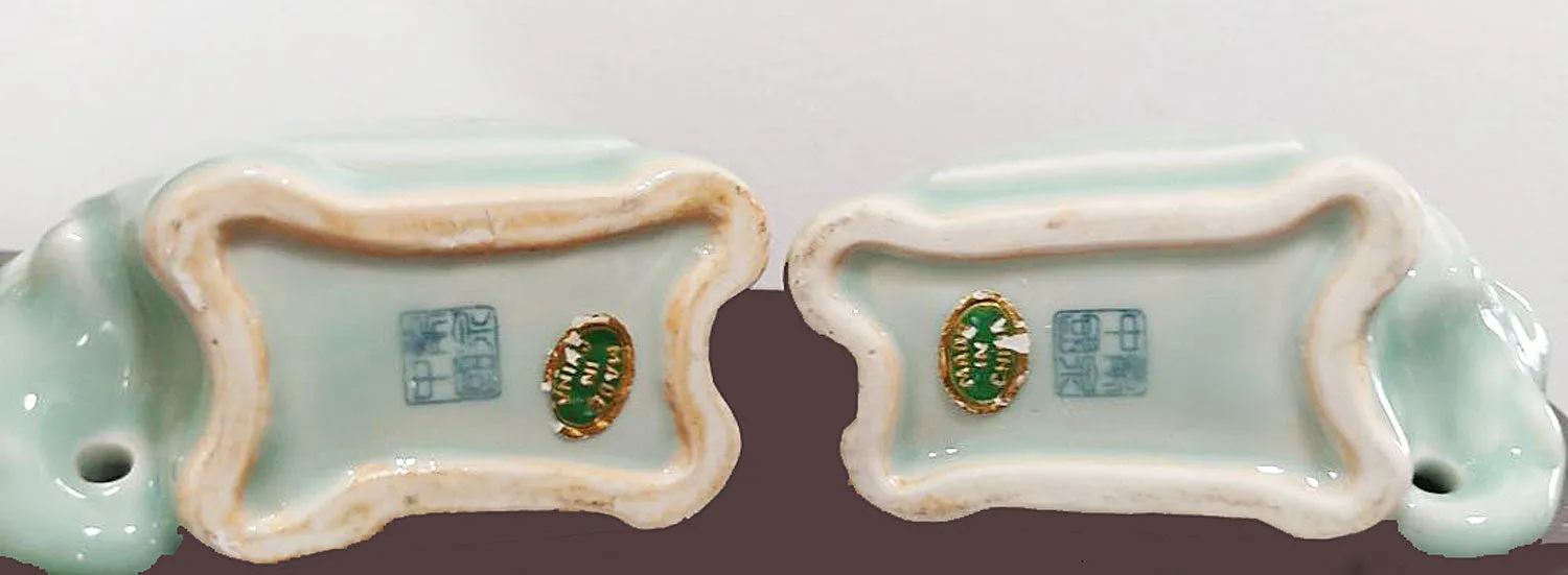 *VINTAGE 1960s CHINESE CELADON GLAZED ELEPHANT CANDLE HOLDERS