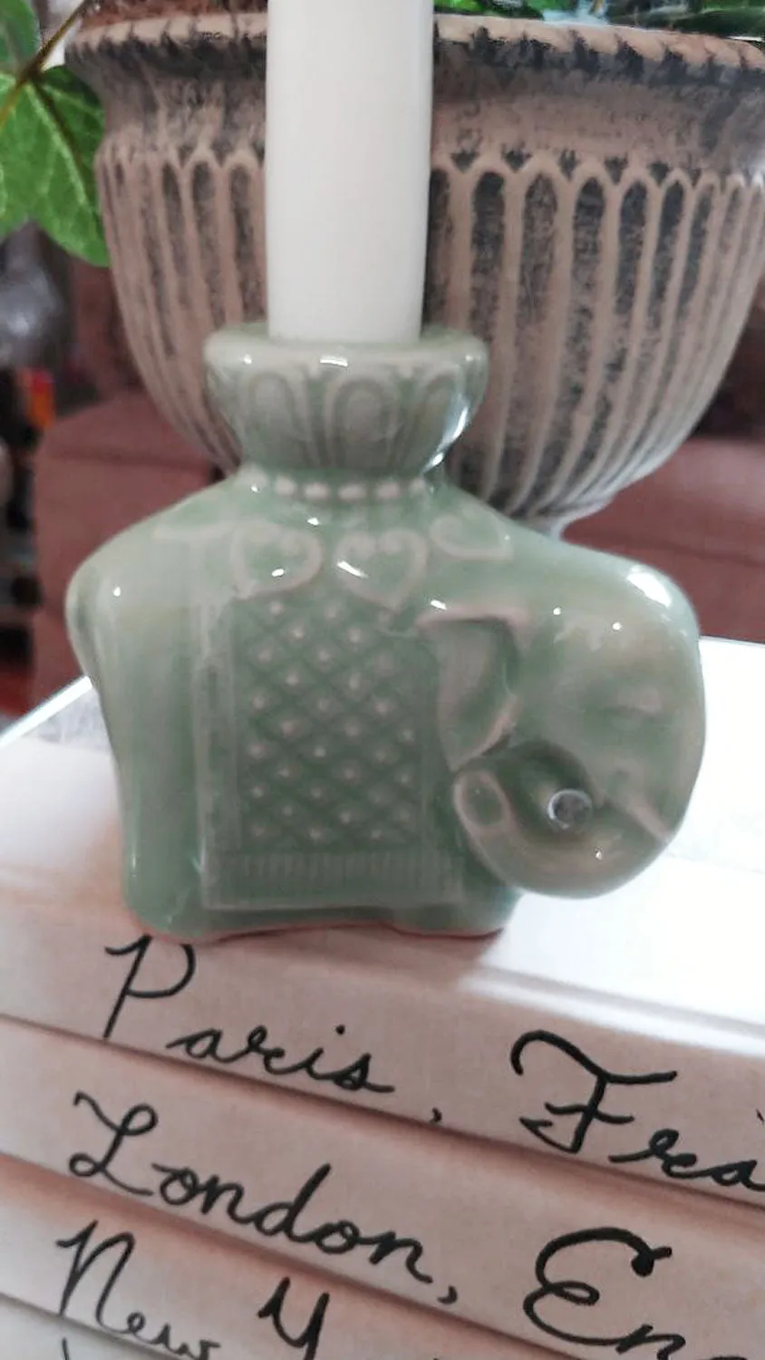*VINTAGE 1960s CHINESE CELADON GLAZED ELEPHANT CANDLE HOLDERS