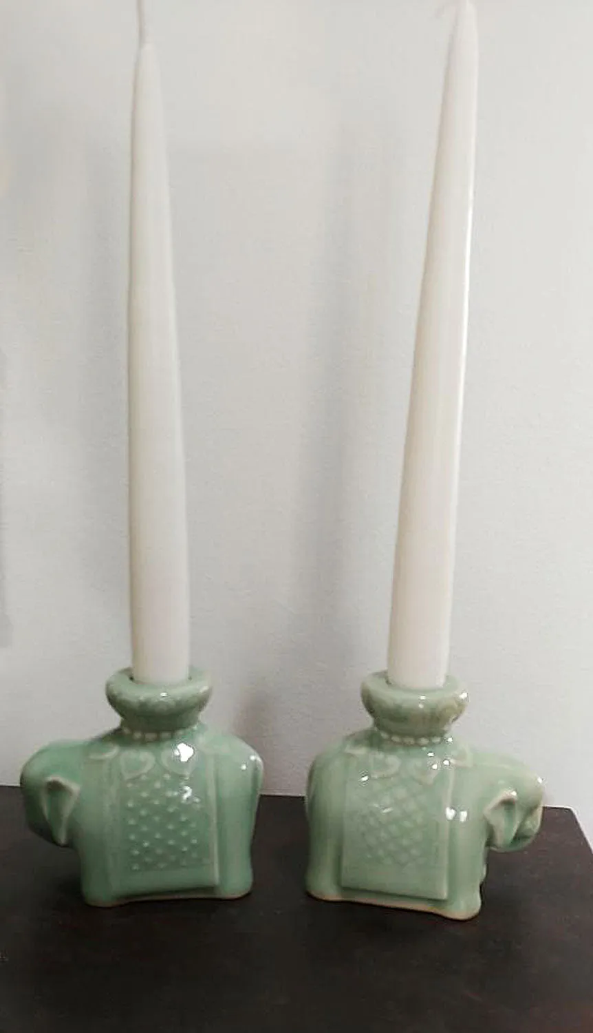 *VINTAGE 1960s CHINESE CELADON GLAZED ELEPHANT CANDLE HOLDERS