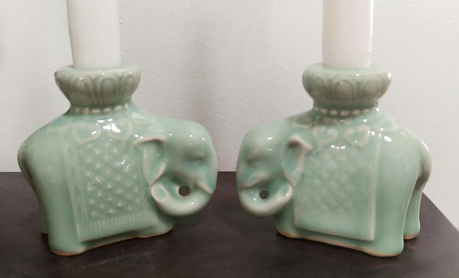 *VINTAGE 1960s CHINESE CELADON GLAZED ELEPHANT CANDLE HOLDERS