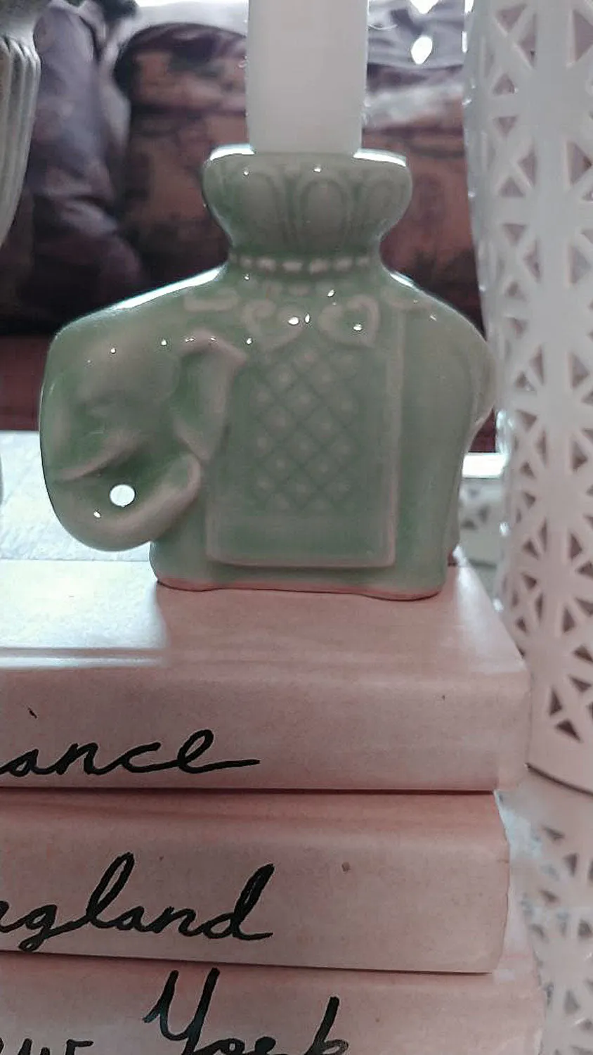 *VINTAGE 1960s CHINESE CELADON GLAZED ELEPHANT CANDLE HOLDERS