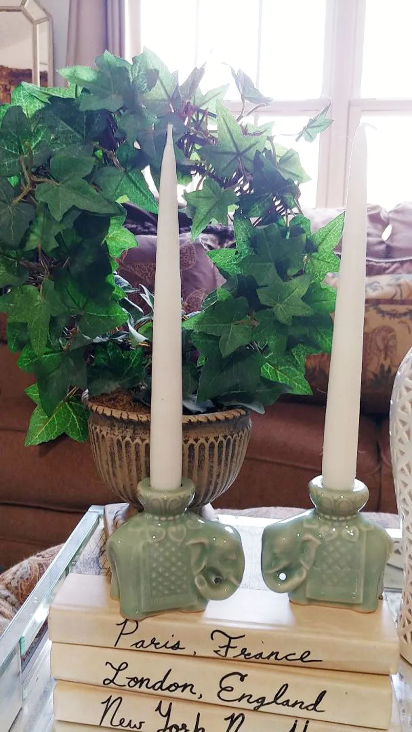*VINTAGE 1960s CHINESE CELADON GLAZED ELEPHANT CANDLE HOLDERS