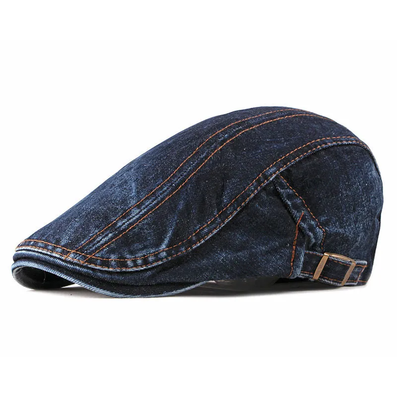 Washed Denim Flat Peaked Cap - Fushia