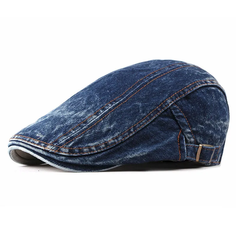 Washed Denim Flat Peaked Cap - Fushia