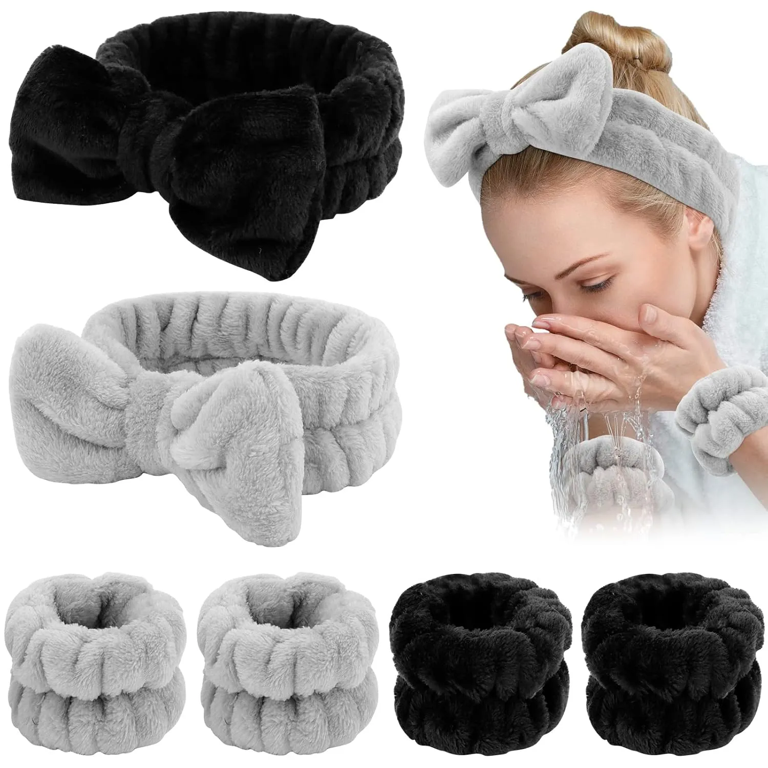 WHAVEL 6PCS Spa Headband and Wristbands Set, Face Wash Headband Wrist Bands for Washing Face Makeup Skincare Hair Band Skin Care Accessories Tools