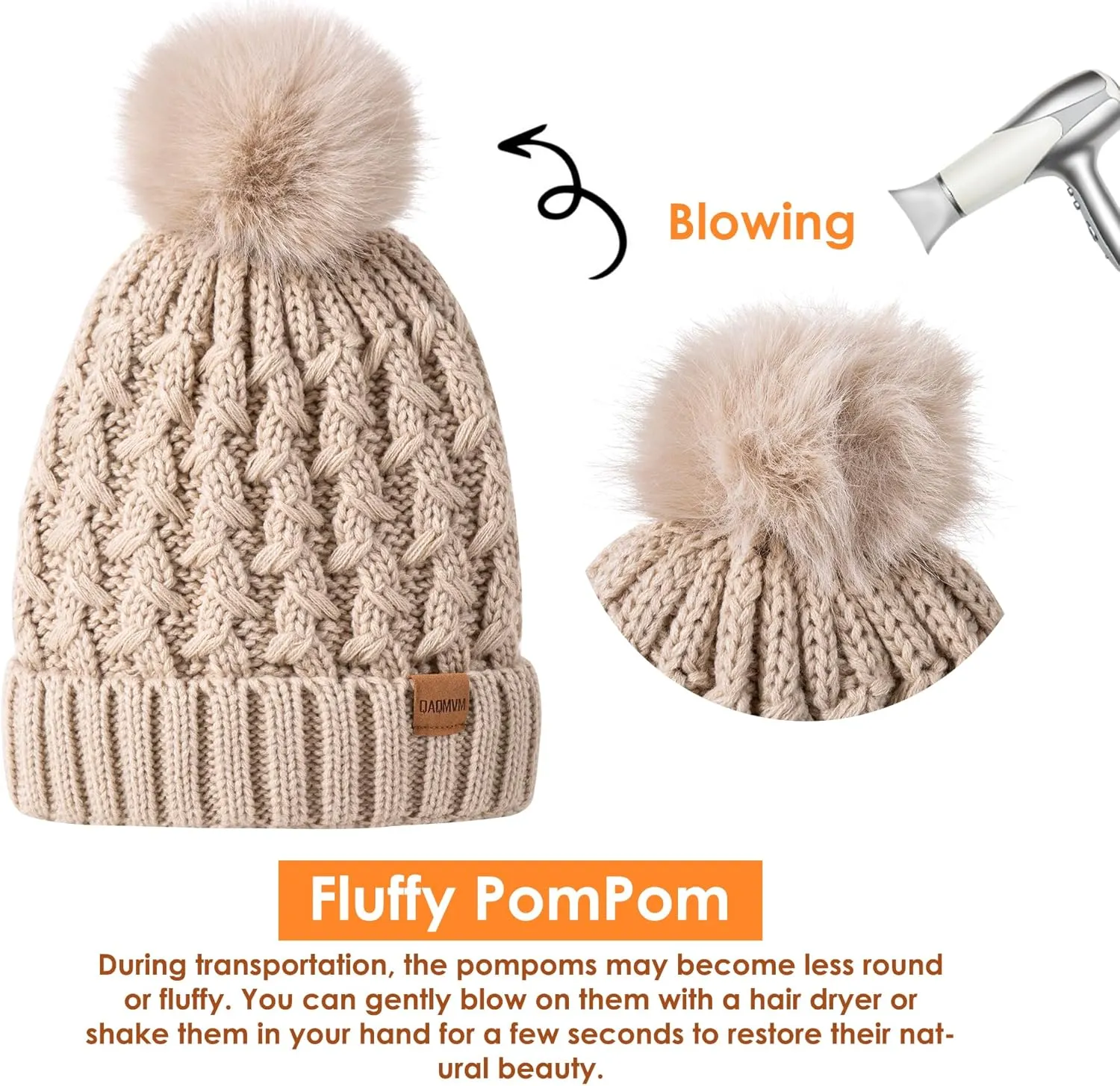 Women Winter Beanie Hat Scarf Gloves Set Pom Hat with Warm Fleece Lined Long Knit Scarf Touchscreen Gloves for Cold Weather
