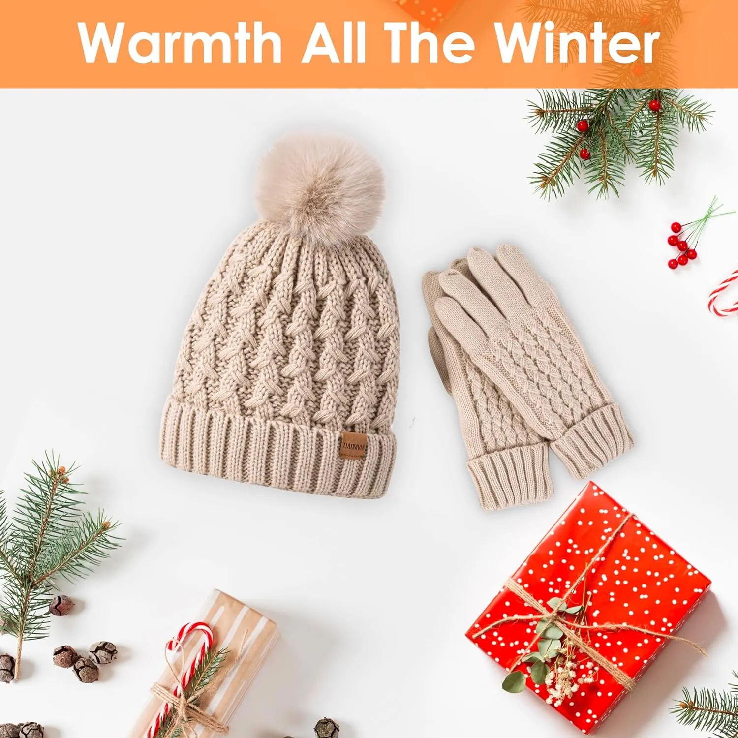Women Winter Beanie Hat Scarf Gloves Set Pom Hat with Warm Fleece Lined Long Knit Scarf Touchscreen Gloves for Cold Weather