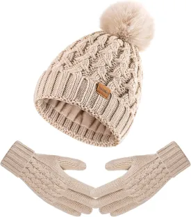 Women Winter Beanie Hat Scarf Gloves Set Pom Hat with Warm Fleece Lined Long Knit Scarf Touchscreen Gloves for Cold Weather