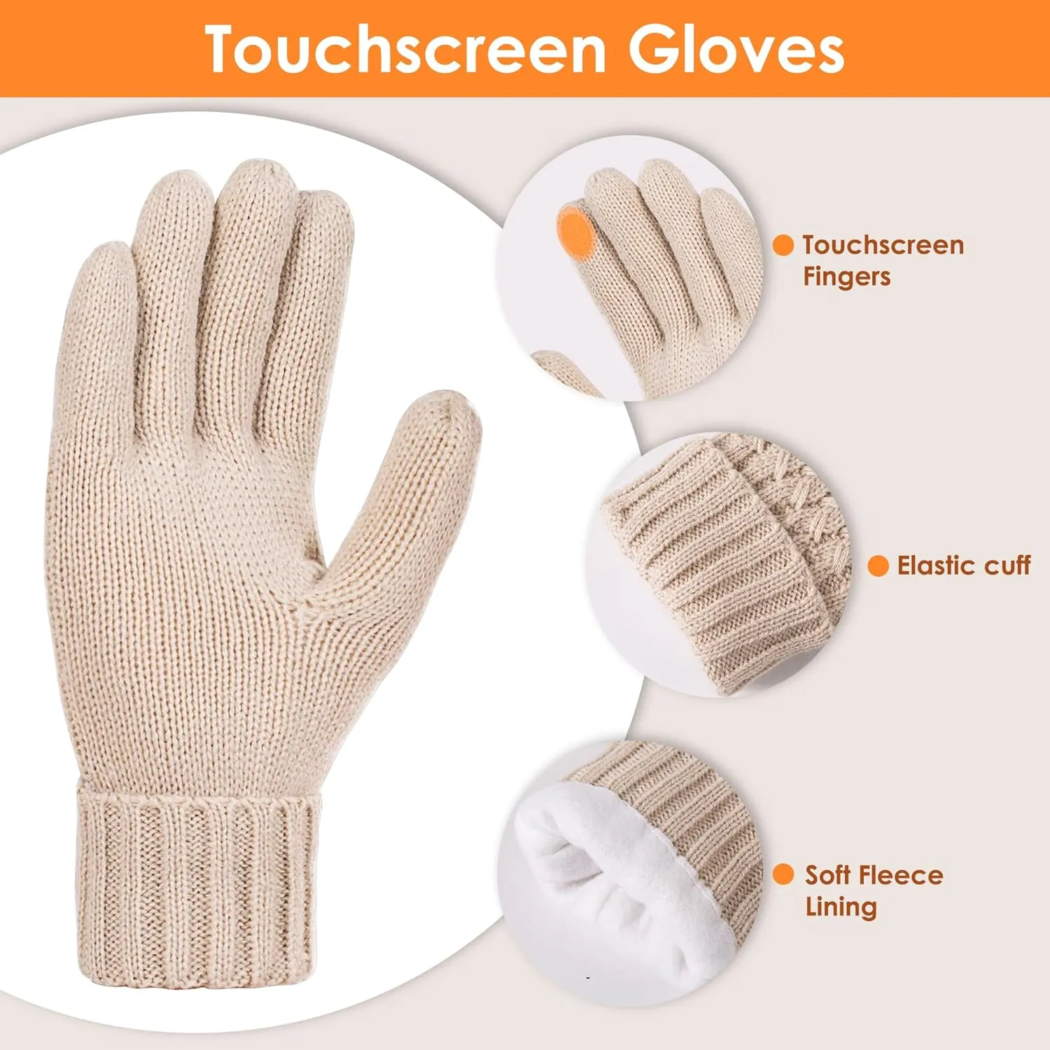 Women Winter Beanie Hat Scarf Gloves Set Pom Hat with Warm Fleece Lined Long Knit Scarf Touchscreen Gloves for Cold Weather