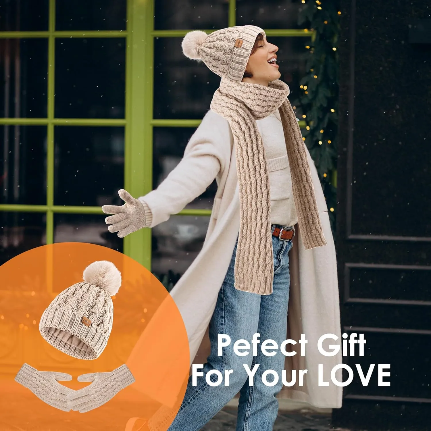 Women Winter Beanie Hat Scarf Gloves Set Pom Hat with Warm Fleece Lined Long Knit Scarf Touchscreen Gloves for Cold Weather