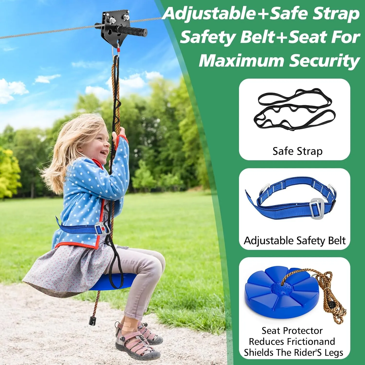 X XBEN Zip line Kit for Kids and Adults Outdoor: Up to 500Lbs - 80FT Quick Tighten Zipline for Backyard with Removable Trolley Swing Seat Spring Brake Ratchet Strap